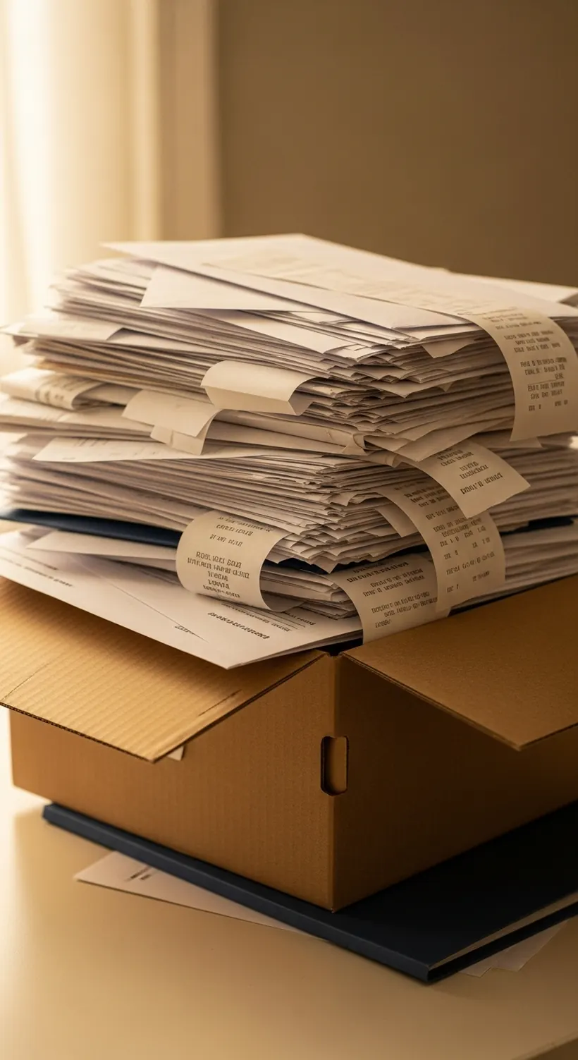 A thick, uneven pile of tax papers and receipts spilling out of an open shoebox on a warm desk